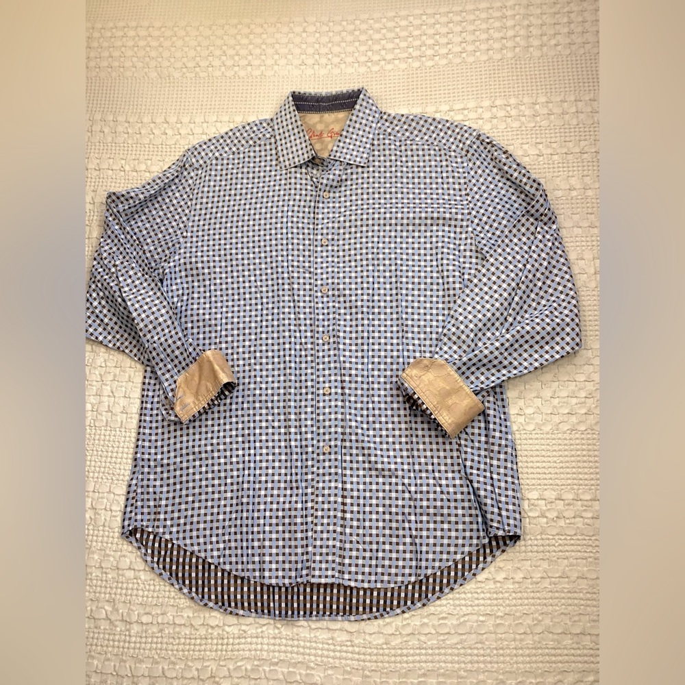 Mens Robert Graham Flip Cuff Shirt Blue Brown Gingham Plaid Large